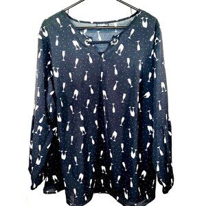 Roz & Ali Womens 2X Black Long Sleeve Top With Wine Glass Print New Years